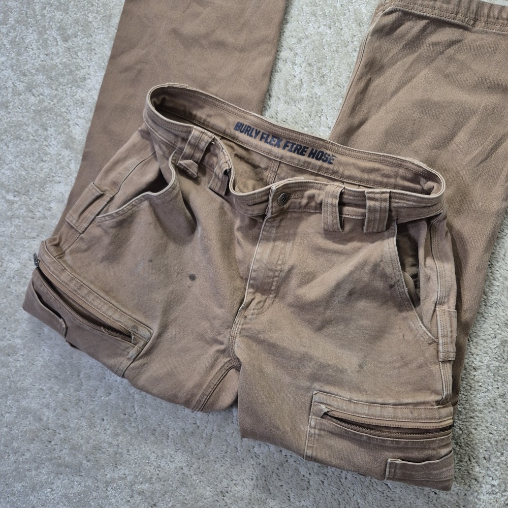 Duluth Trading Burly Flex Fire Hose Cargo Pants 34/30 Brown Heavy Canvas Work